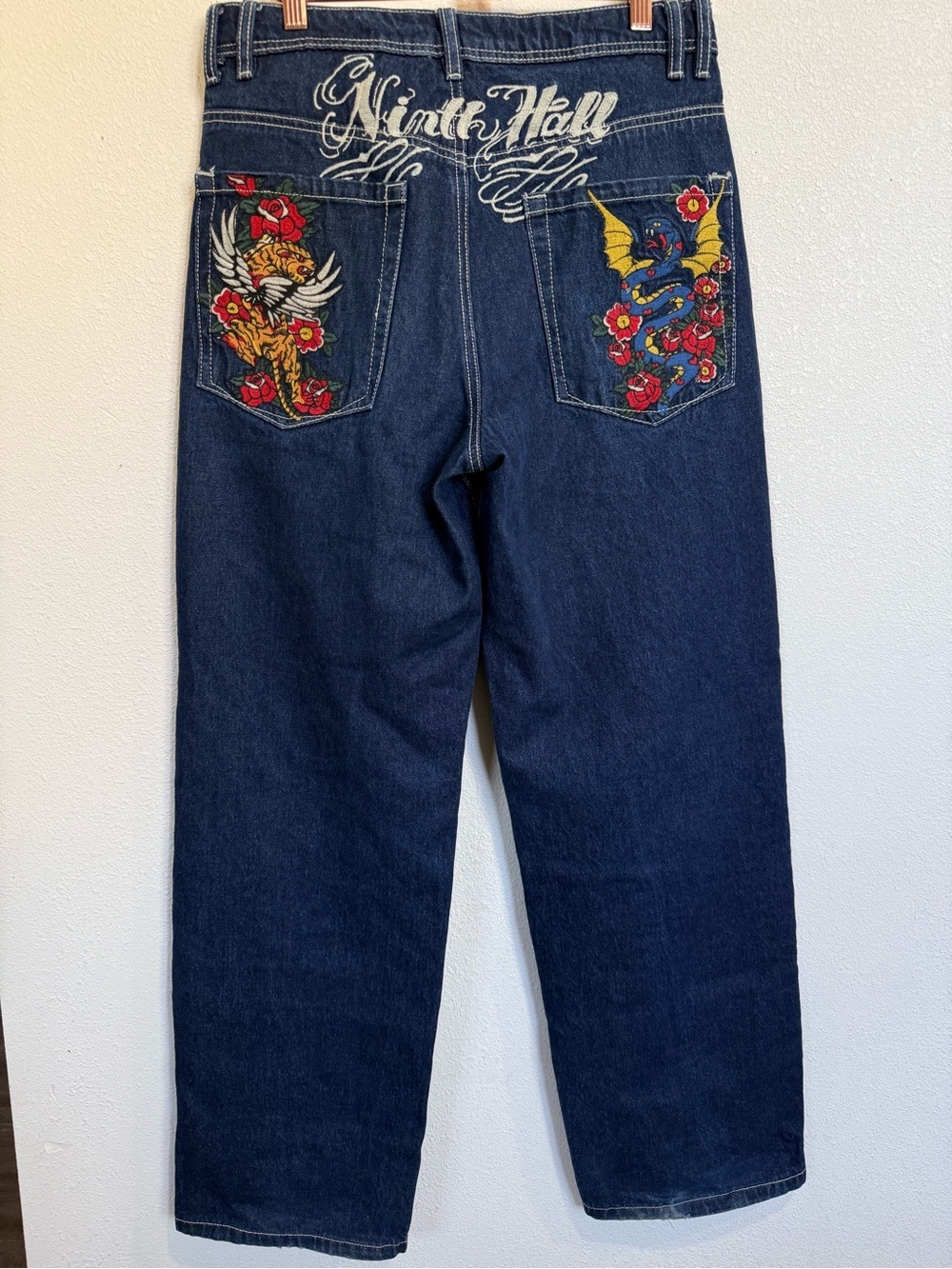 Ninth Idle Hall Y2K Wide Leg Jeans Embroidered Flame Rose Dark Wash Sz 6 - Picture 6 of 15